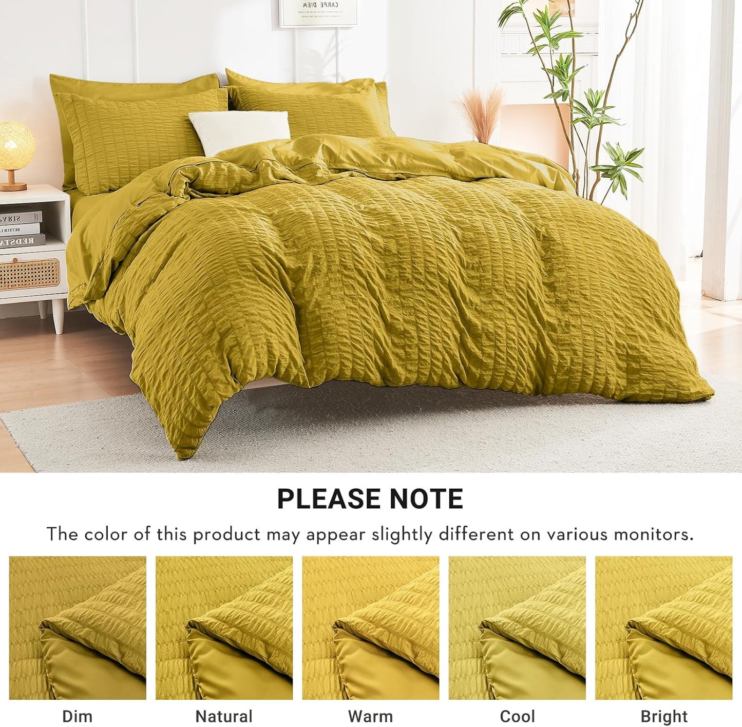 Mustard Yellow Full Size Comforter Sets Seersucker 7 Pieces, All Season Luxury Bed in a Bag for Bedroom, Bedding Set with Comforter, Sheets, Pillowcases & Shams