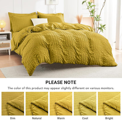 Mustard Yellow Full Size Comforter Sets Seersucker 7 Pieces, All Season Luxury Bed in a Bag for Bedroom, Bedding Set with Comforter, Sheets, Pillowcases & Shams