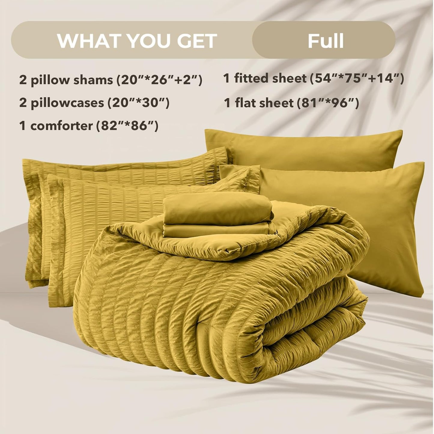 Mustard Yellow Full Size Comforter Sets Seersucker 7 Pieces, All Season Luxury Bed in a Bag for Bedroom, Bedding Set with Comforter, Sheets, Pillowcases & Shams