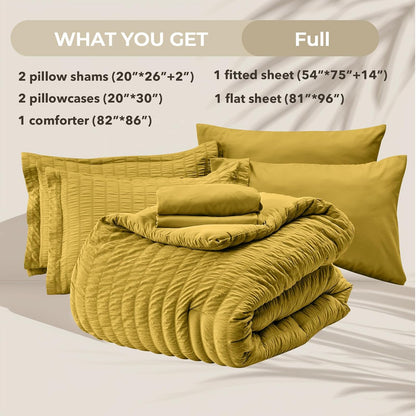 Mustard Yellow Full Size Comforter Sets Seersucker 7 Pieces, All Season Luxury Bed in a Bag for Bedroom, Bedding Set with Comforter, Sheets, Pillowcases & Shams