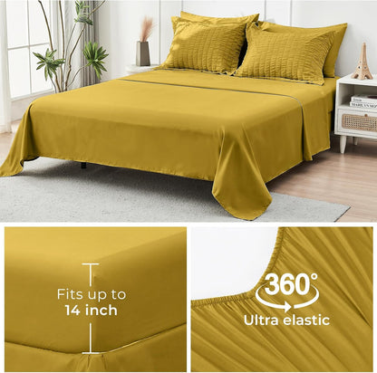 Mustard Yellow Full Size Comforter Sets Seersucker 7 Pieces, All Season Luxury Bed in a Bag for Bedroom, Bedding Set with Comforter, Sheets, Pillowcases & Shams