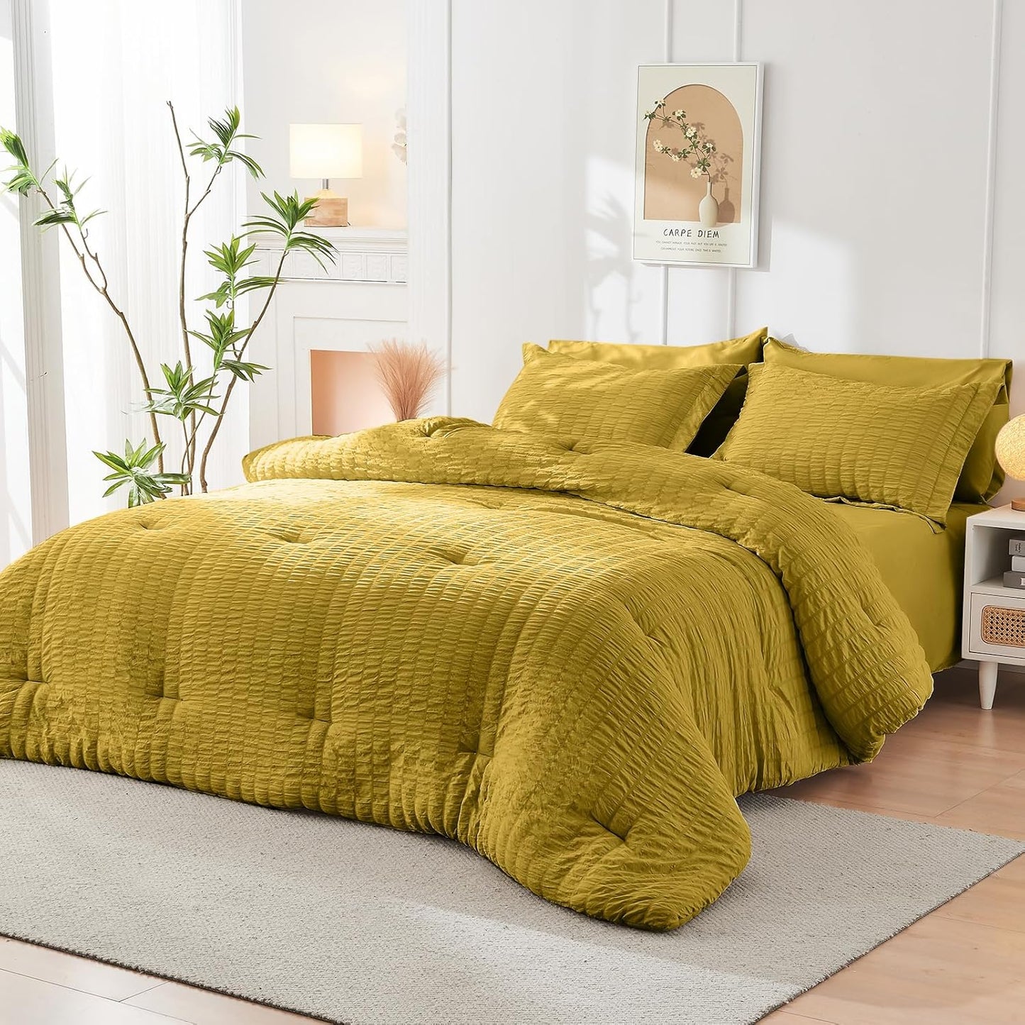 Mustard Yellow Full Size Comforter Sets Seersucker 7 Pieces, All Season Luxury Bed in a Bag for Bedroom, Bedding Set with Comforter, Sheets, Pillowcases & Shams