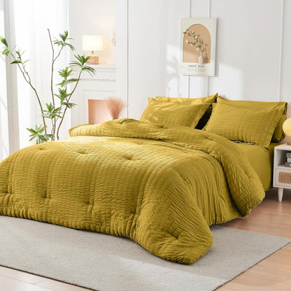 Mustard Yellow Full Size Comforter Sets Seersucker 7 Pieces, All Season Luxury Bed in a Bag for Bedroom, Bedding Set with Comforter, Sheets, Pillowcases & Shams