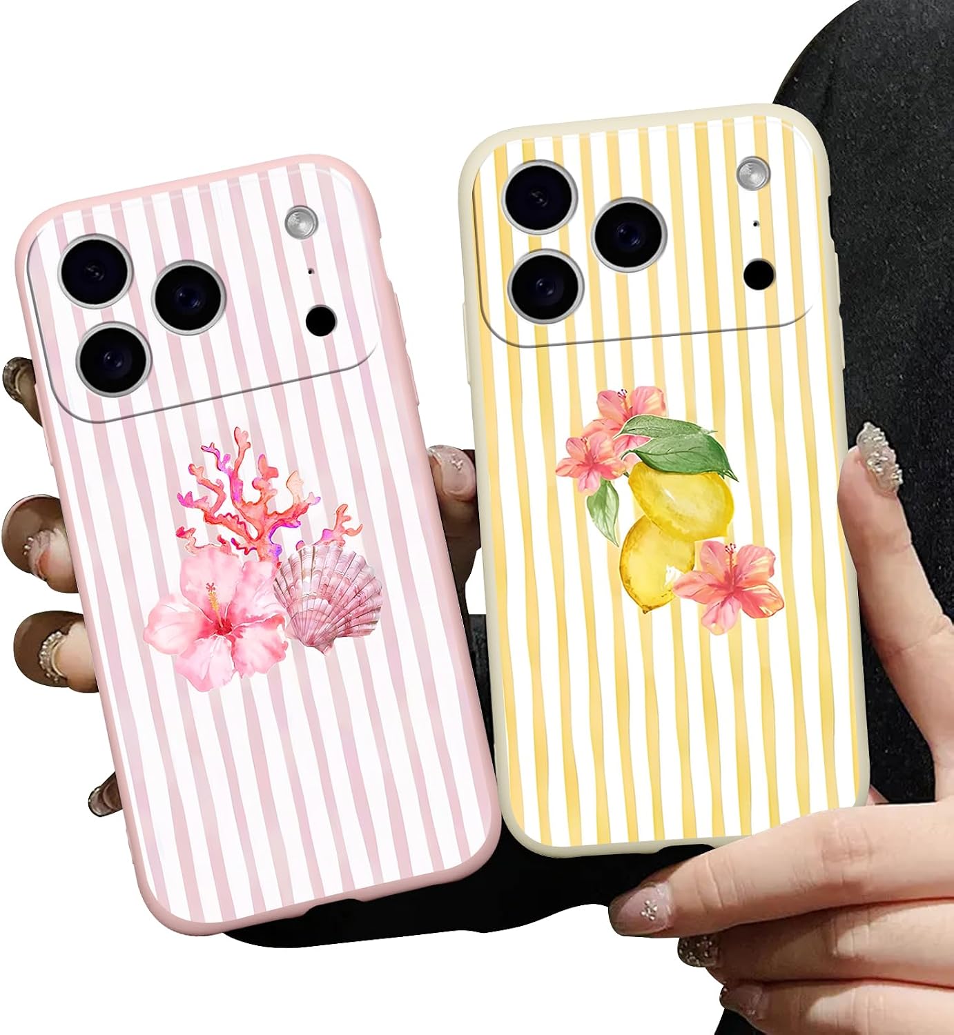 for iPhone 17 Pro Max 6.9'' 2 Pack Cute Aesthetic Summer Stripes Collage Phone Case, Trendy Coral Shellfish Lemon Floral Design Phone Cover Soft TPU Shockproof Protective Case for Women Girls