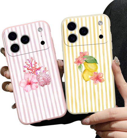 for iPhone 17 Pro Max 6.9'' 2 Pack Cute Aesthetic Summer Stripes Collage Phone Case, Trendy Coral Shellfish Lemon Floral Design Phone Cover Soft TPU Shockproof Protective Case for Women Girls