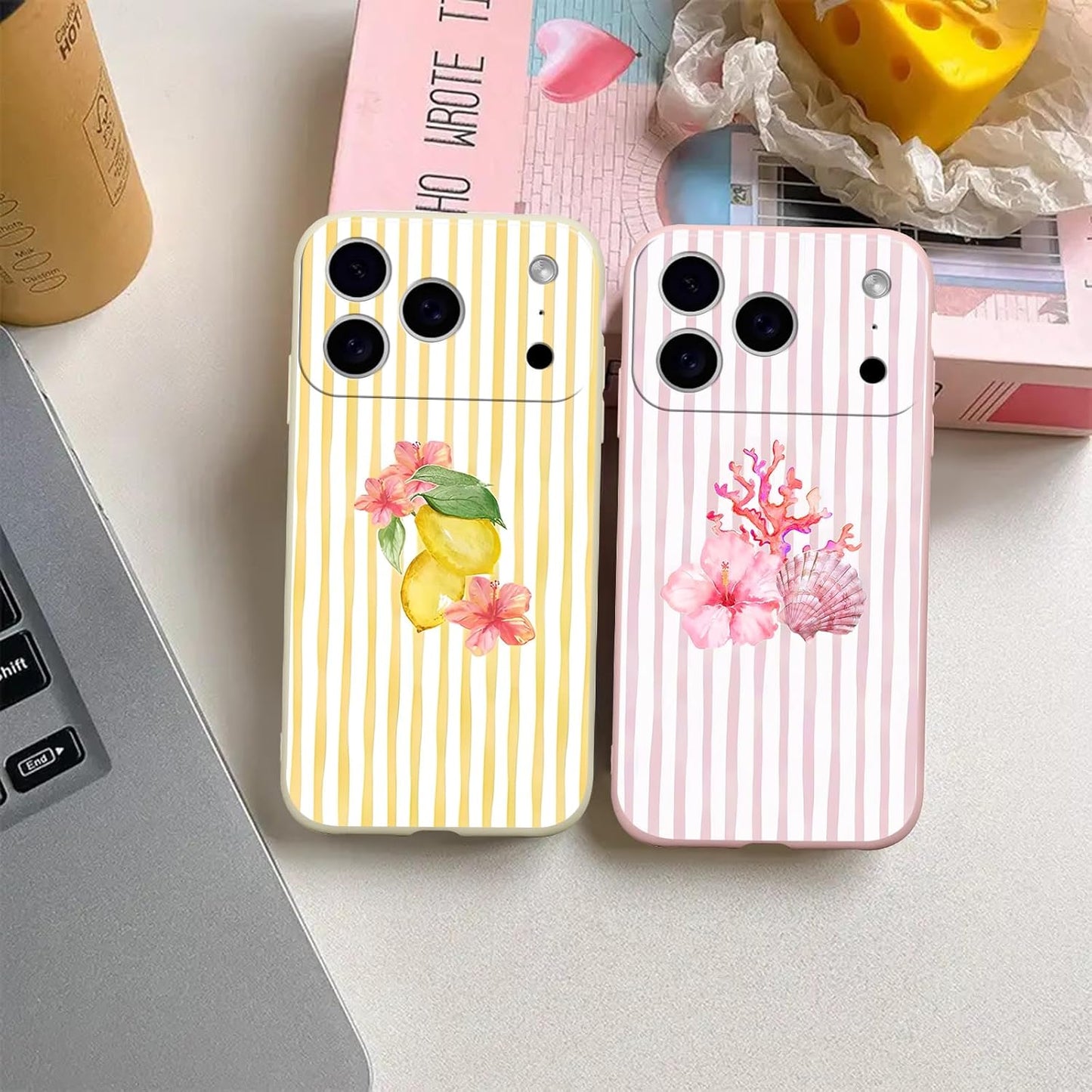 for iPhone 17 Pro Max 6.9'' 2 Pack Cute Aesthetic Summer Stripes Collage Phone Case, Trendy Coral Shellfish Lemon Floral Design Phone Cover Soft TPU Shockproof Protective Case for Women Girls