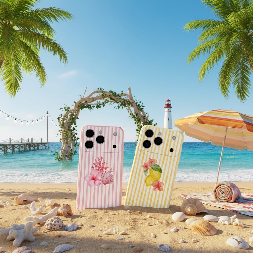 for iPhone 17 Pro Max 6.9'' 2 Pack Cute Aesthetic Summer Stripes Collage Phone Case, Trendy Coral Shellfish Lemon Floral Design Phone Cover Soft TPU Shockproof Protective Case for Women Girls