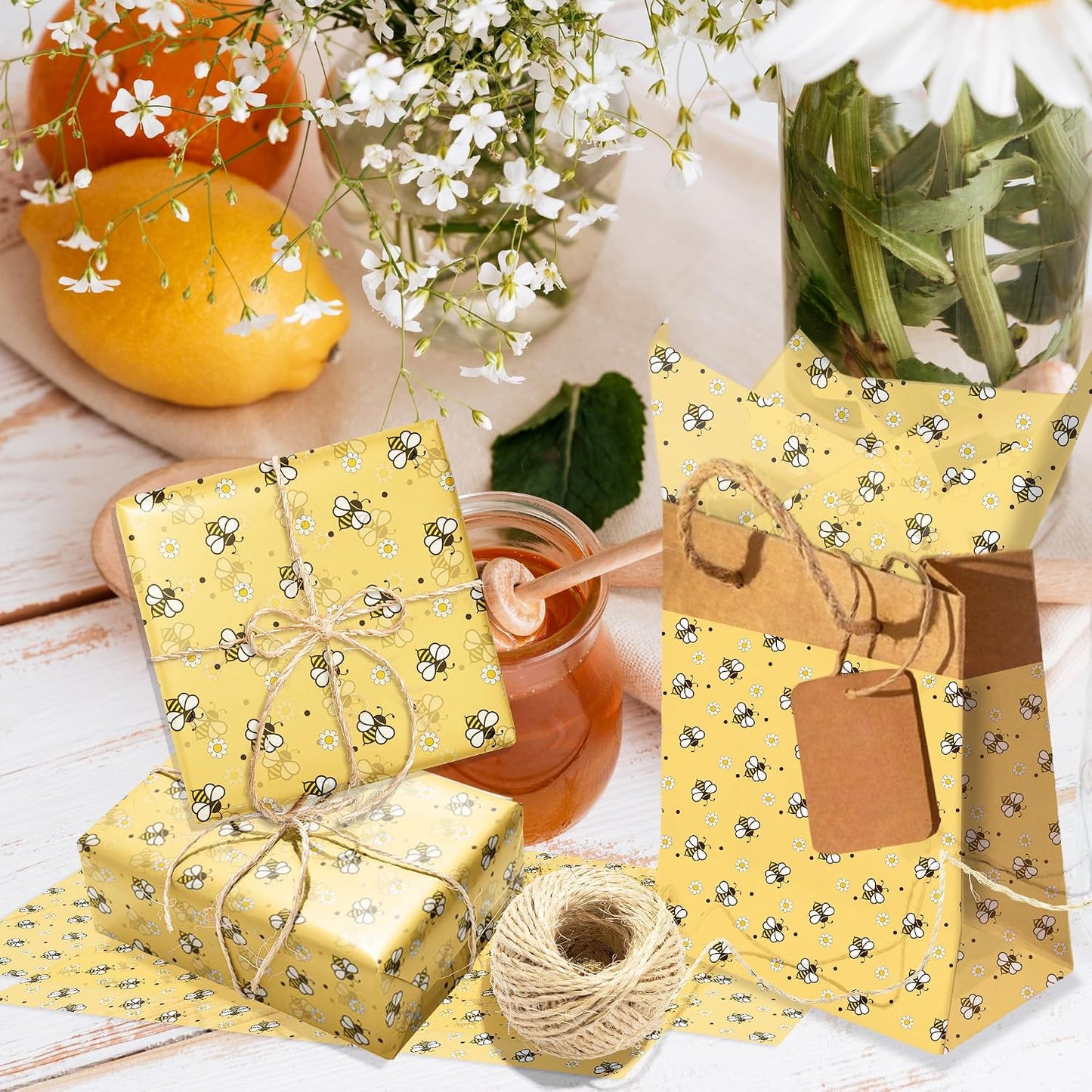 50 Sheet Bee Tissue Paper, Cute Honeybee Daisy Gift Wrapping Paper, 14 x 20 Inch Yellow Bee Flower Packing Tissue for Birthday, Baby Shower, Wedding, Holiday, Craft, Gift Decor, Party Confetti