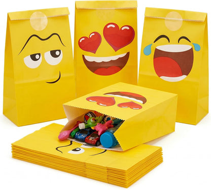 36 Pack Funny Face Party Favor Bags with Stickers, 8 Styles | 8.7 X 4.7 X 3.1 inch Kraft Paper Bags, Foldable Design, for Cakes, Candy, Cookies, Birthdays, and Holiday Gifts