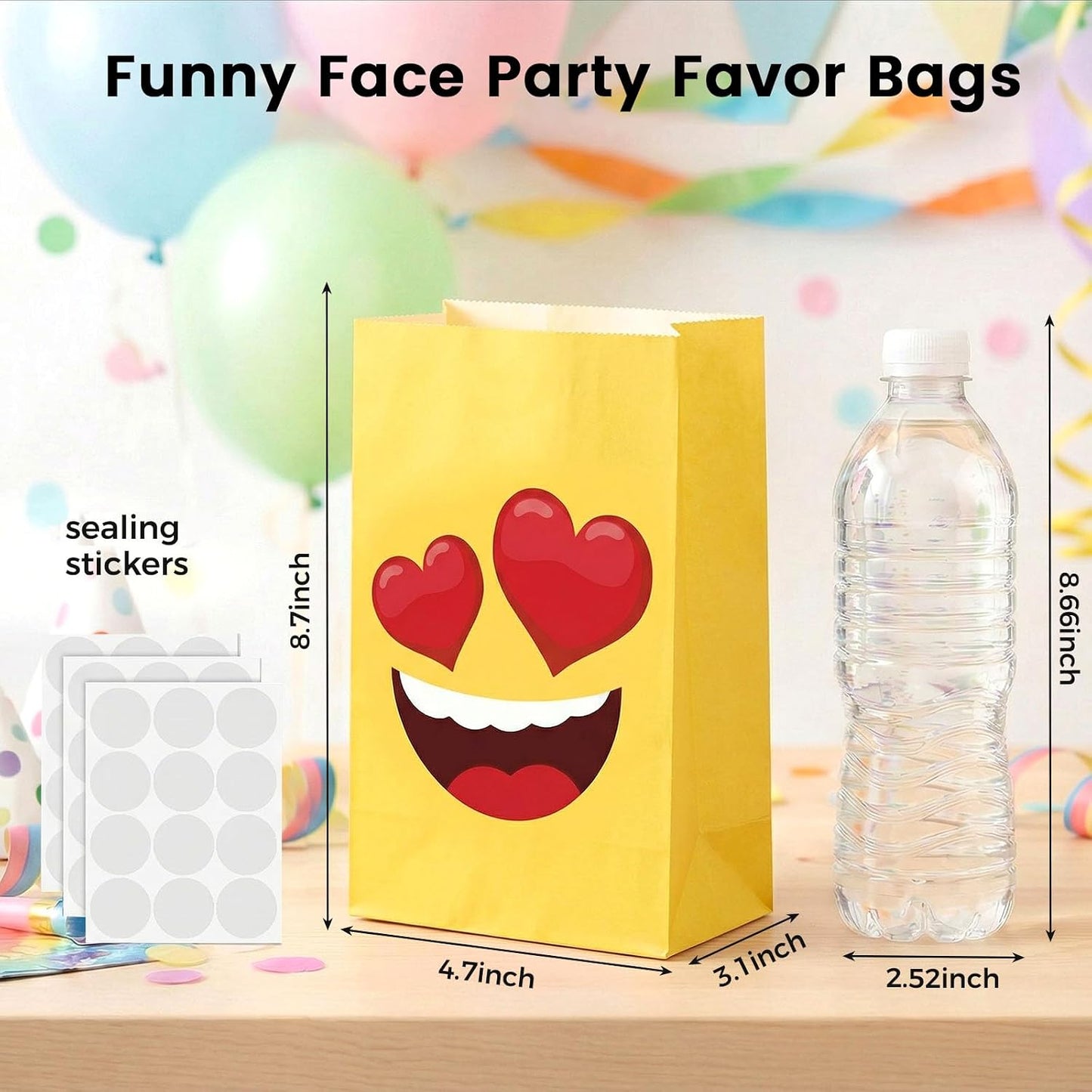 36 Pack Funny Face Party Favor Bags with Stickers, 8 Styles | 8.7 X 4.7 X 3.1 inch Kraft Paper Bags, Foldable Design, for Cakes, Candy, Cookies, Birthdays, and Holiday Gifts