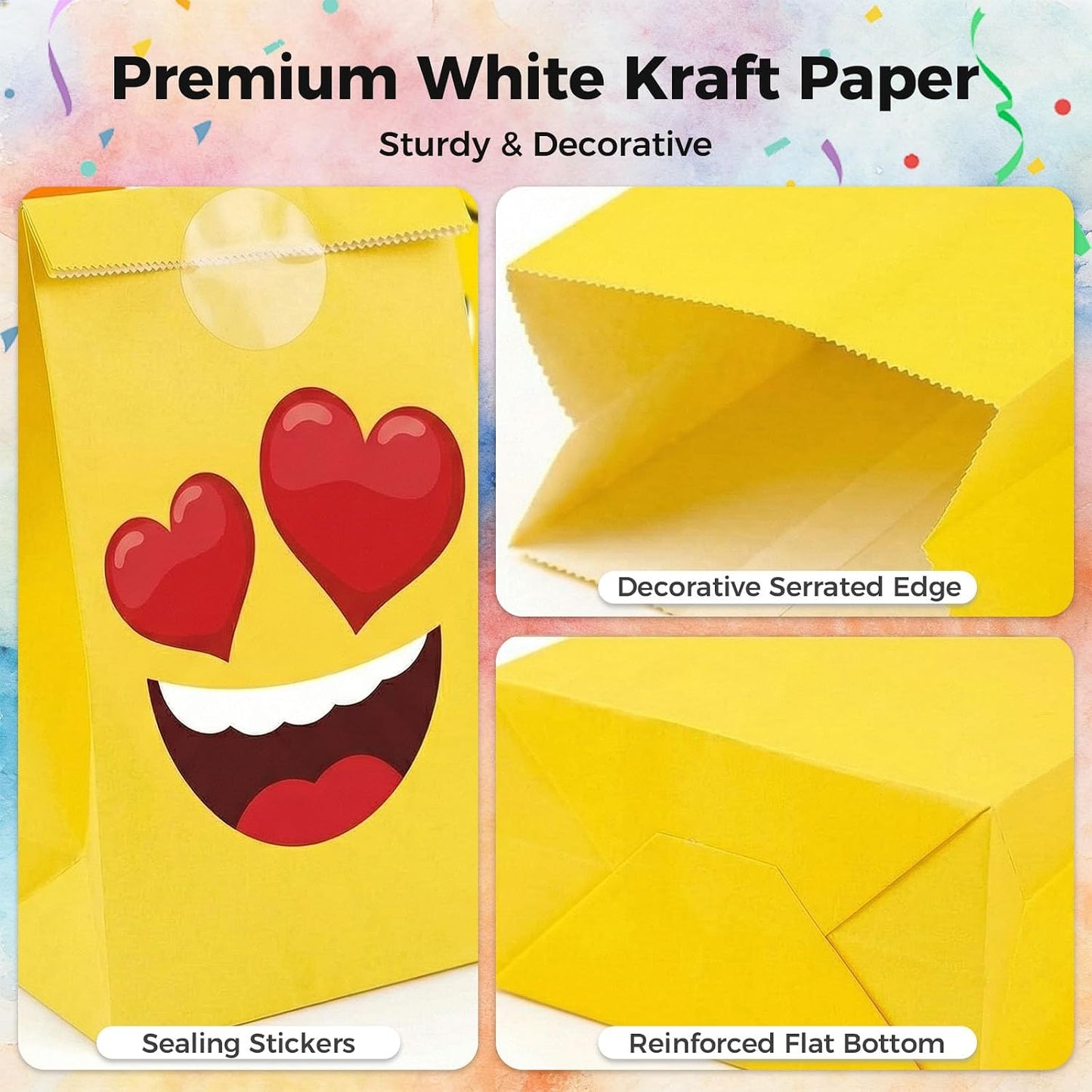 36 Pack Funny Face Party Favor Bags with Stickers, 8 Styles | 8.7 X 4.7 X 3.1 inch Kraft Paper Bags, Foldable Design, for Cakes, Candy, Cookies, Birthdays, and Holiday Gifts