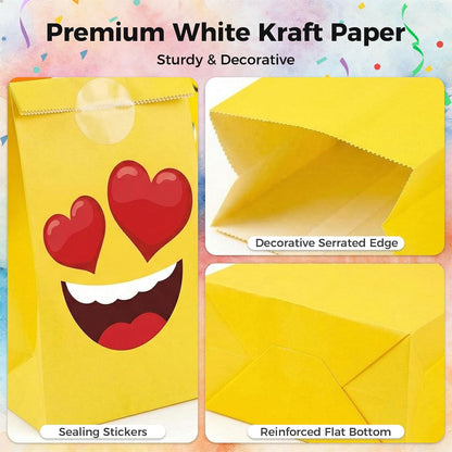 36 Pack Funny Face Party Favor Bags with Stickers, 8 Styles | 8.7 X 4.7 X 3.1 inch Kraft Paper Bags, Foldable Design, for Cakes, Candy, Cookies, Birthdays, and Holiday Gifts