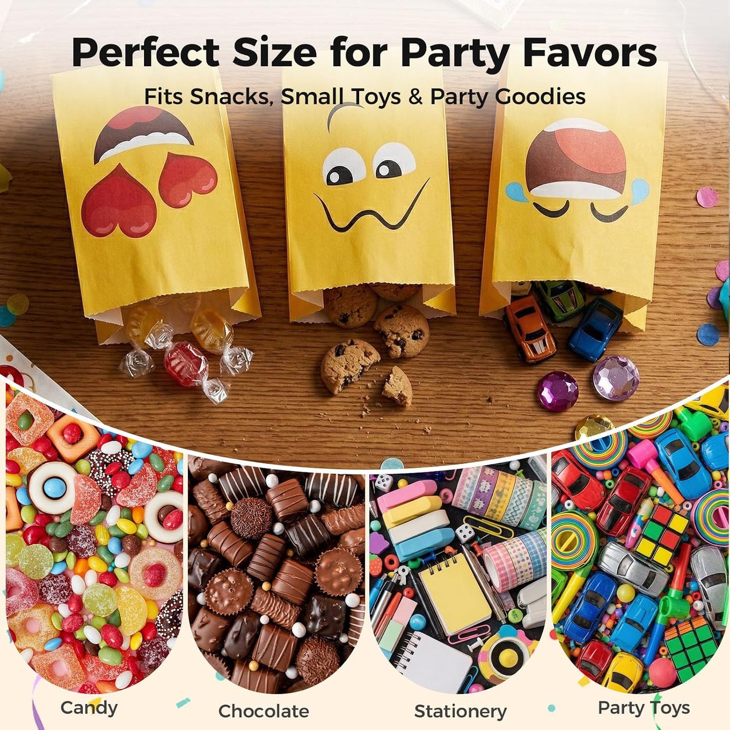 36 Pack Funny Face Party Favor Bags with Stickers, 8 Styles | 8.7 X 4.7 X 3.1 inch Kraft Paper Bags, Foldable Design, for Cakes, Candy, Cookies, Birthdays, and Holiday Gifts