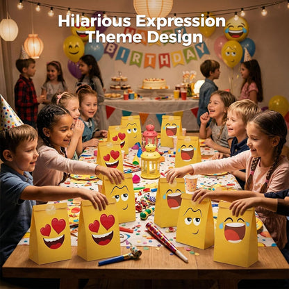36 Pack Funny Face Party Favor Bags with Stickers, 8 Styles | 8.7 X 4.7 X 3.1 inch Kraft Paper Bags, Foldable Design, for Cakes, Candy, Cookies, Birthdays, and Holiday Gifts