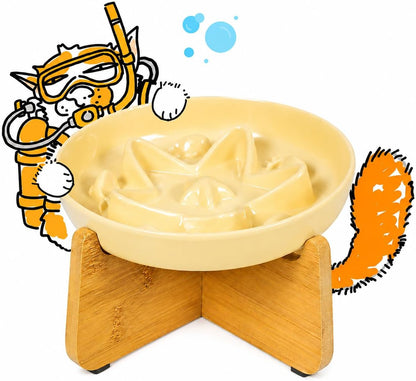 Slow Feeder Cat Bowl with Stand, Melamine Elevated Cat Food Bowl, Whisker Friendly Raised Puzzle Feeder for Cats & Small Dogs,Wet & Dry Food, Dishwasher Safe, Non-Slip (Light Yellow)
