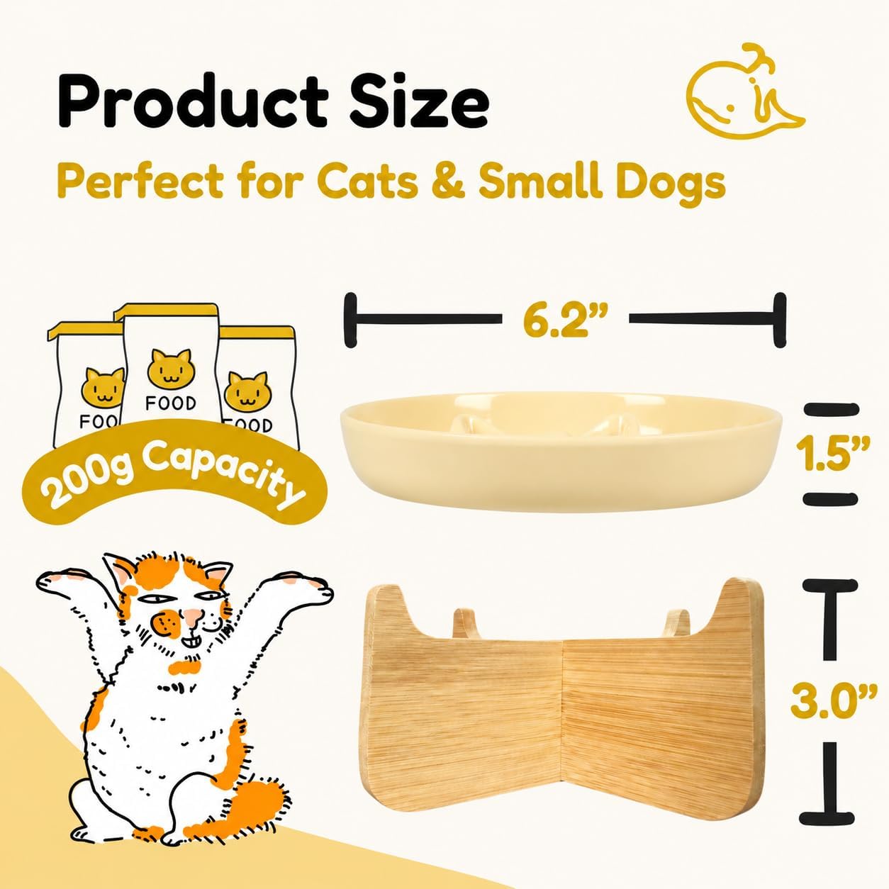 Slow Feeder Cat Bowl with Stand, Melamine Elevated Cat Food Bowl, Whisker Friendly Raised Puzzle Feeder for Cats & Small Dogs,Wet & Dry Food, Dishwasher Safe, Non-Slip (Light Yellow)