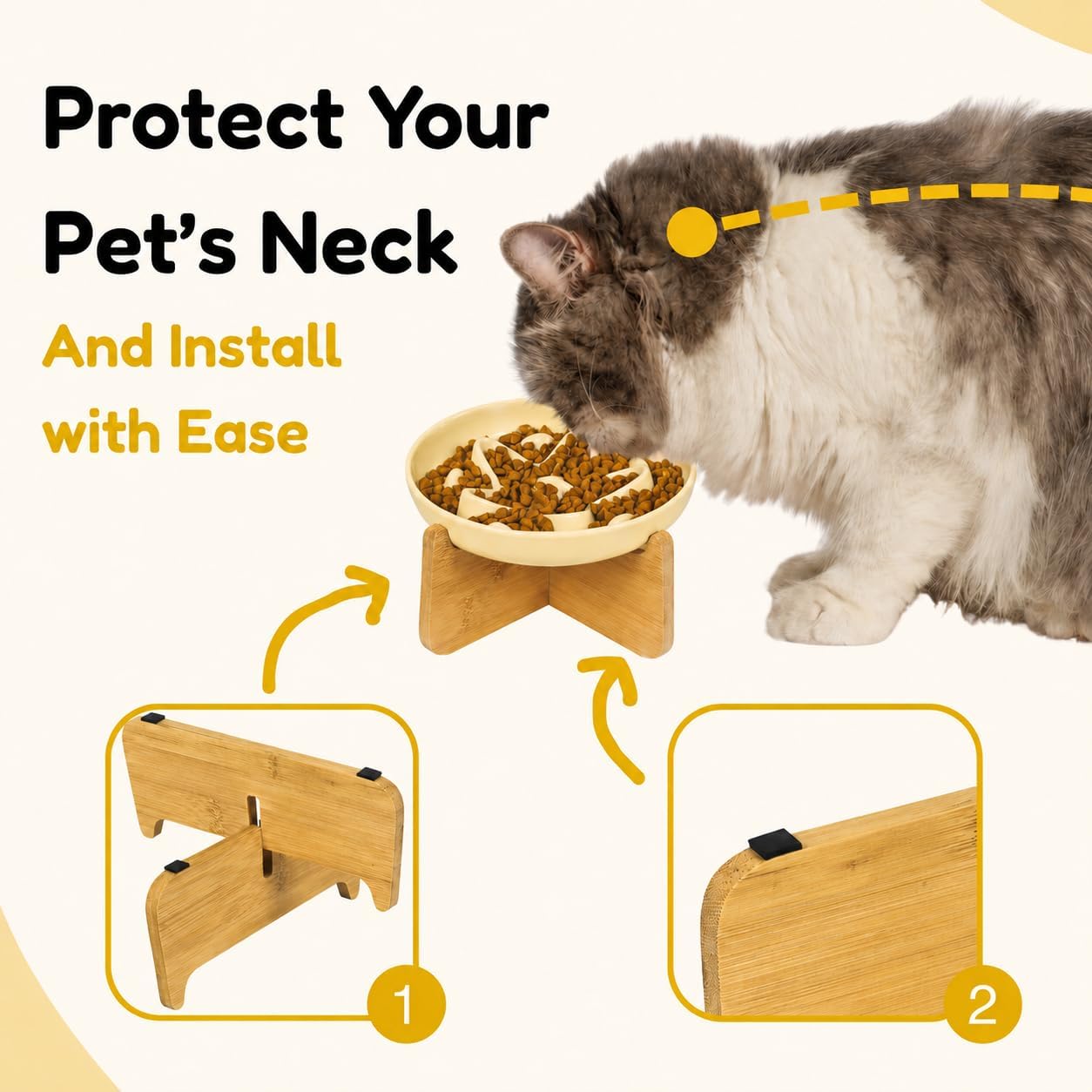 Slow Feeder Cat Bowl with Stand, Melamine Elevated Cat Food Bowl, Whisker Friendly Raised Puzzle Feeder for Cats & Small Dogs,Wet & Dry Food, Dishwasher Safe, Non-Slip (Light Yellow)