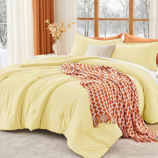 Queen Comforter Set, All Season Ultra Soft Down Alternative Bedding - 3 Piece Lightweight Bed Set Includes 1 Comforter (90"x90") and 2 Pillow Shams (20"x26"), Cream Yellow
