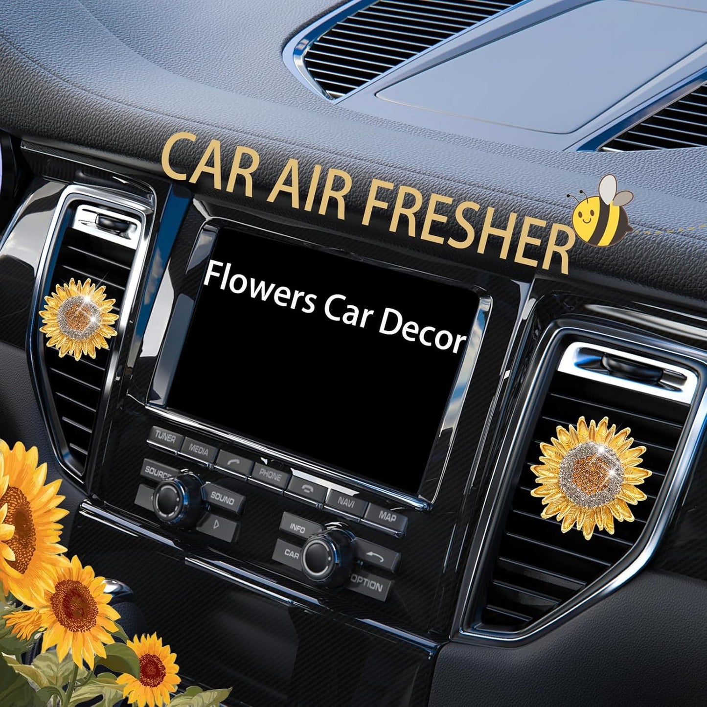 ORIESSE Sunflower Car Decor,Bling Flower Car Air Freshener Vent Clips | Women Interior Dashbaord Decorations Aesthetic,Bling Yellow Flowers Vent Clips,Refillable Diffuser