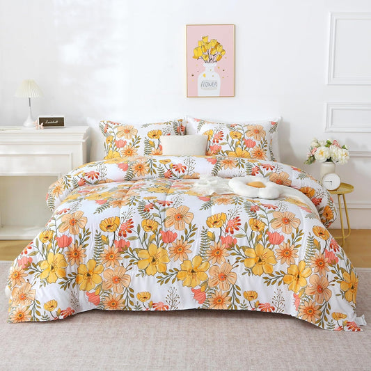 Floral Full Size Comforter Sets, Vintage Pink & Yellow Flower Patterned Bedding for All Seasons, 3-Piece Vintage Bed in a Bag with Fluffy Quilted Reversible Comforter & 2 Pillow Shams