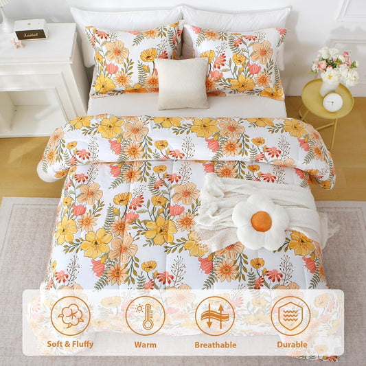 Floral Full Size Comforter Sets, Vintage Pink & Yellow Flower Patterned Bedding for All Seasons, 3-Piece Vintage Bed in a Bag with Fluffy Quilted Reversible Comforter & 2 Pillow Shams