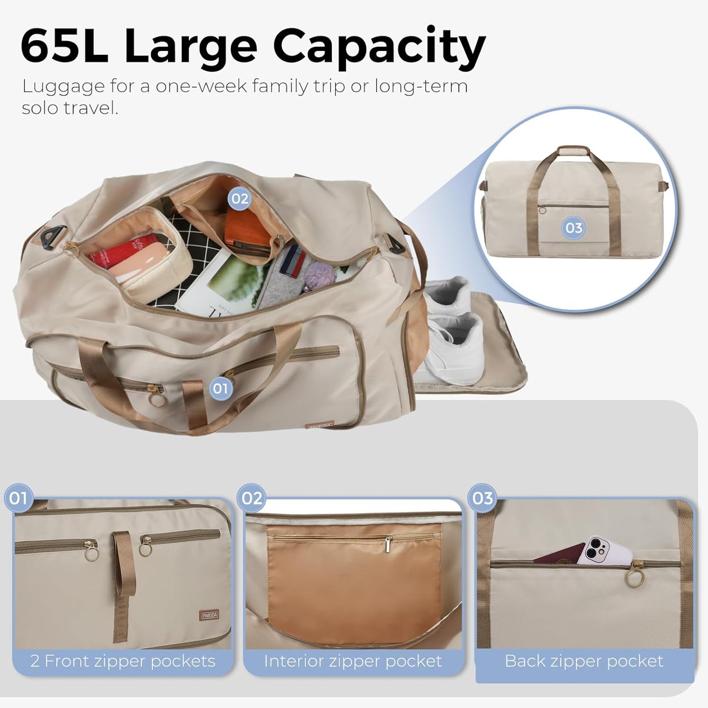 65L Duffle Bag Foldable Travel Duffel Bags for Men Women Travel Bag | Shoes Compartment, 65L Large Capacity, Foldable, Packable, Water Repellent, Tear Resistant, for Traveling Gym Overnight Camp