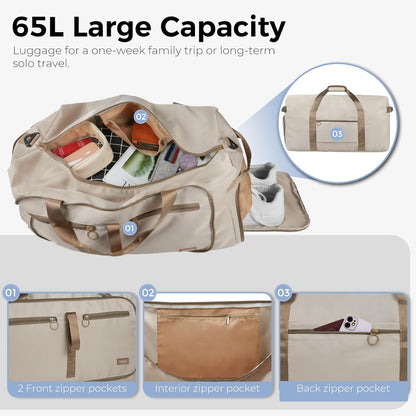 65L Duffle Bag Foldable Travel Duffel Bags for Men Women Travel Bag | Shoes Compartment, 65L Large Capacity, Foldable, Packable, Water Repellent, Tear Resistant, for Traveling Gym Overnight Camp