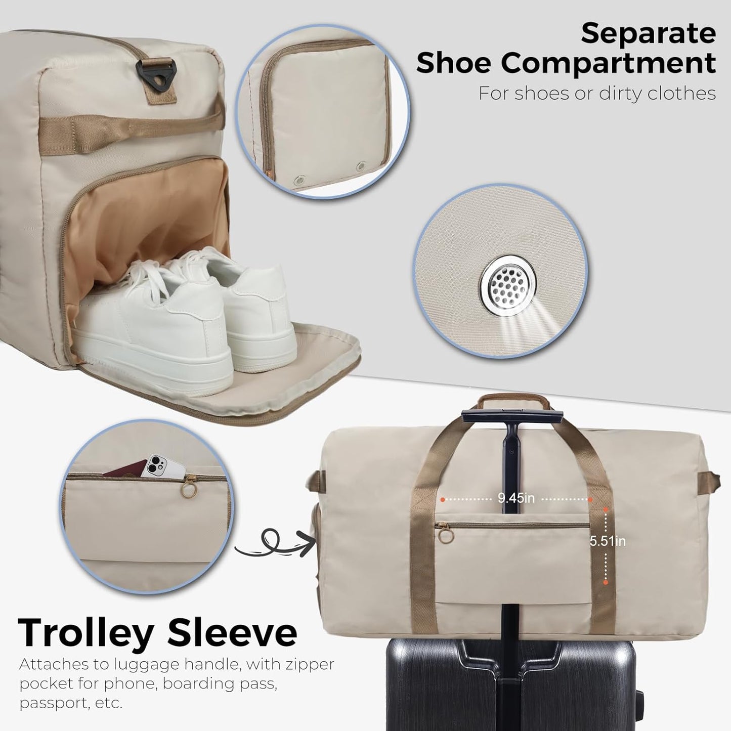 65L Duffle Bag Foldable Travel Duffel Bags for Men Women Travel Bag | Shoes Compartment, 65L Large Capacity, Foldable, Packable, Water Repellent, Tear Resistant, for Traveling Gym Overnight Camp