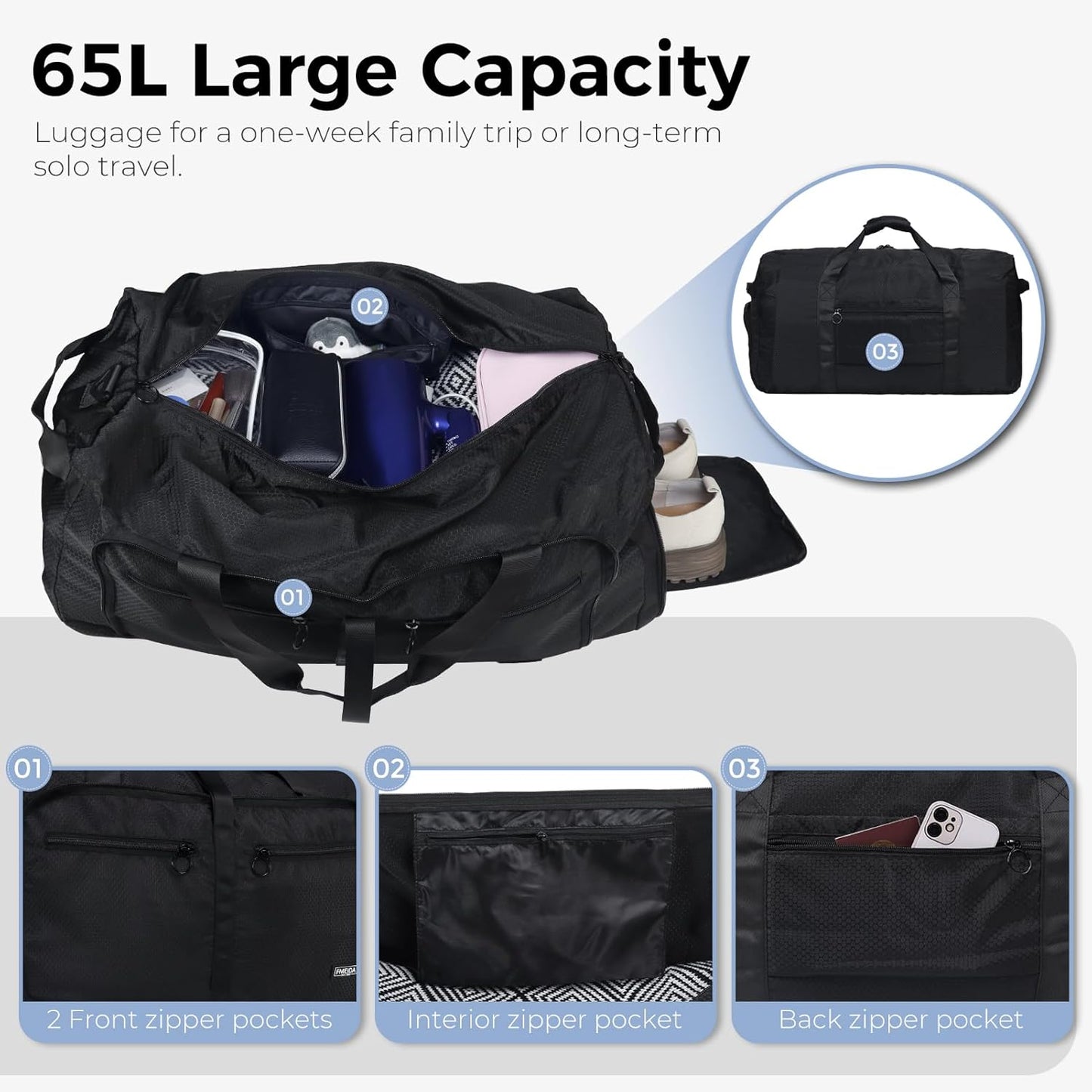 65L Duffle Bag Foldable Travel Duffel Bags for Men Women Travel Bag | Shoes Compartment, 65L Large Capacity, Foldable, Packable, Water Repellent, Tear Resistant, for Traveling Gym Overnight Camp