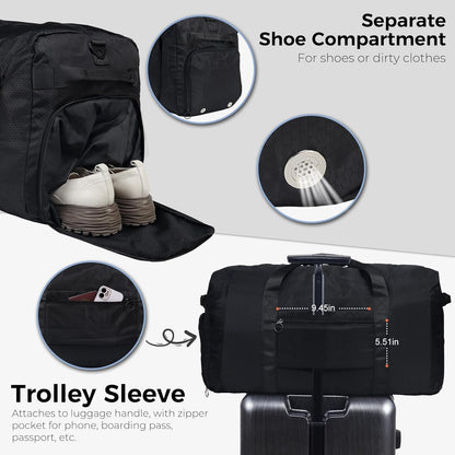 65L Duffle Bag Foldable Travel Duffel Bags for Men Women Travel Bag | Shoes Compartment, 65L Large Capacity, Foldable, Packable, Water Repellent, Tear Resistant, for Traveling Gym Overnight Camp