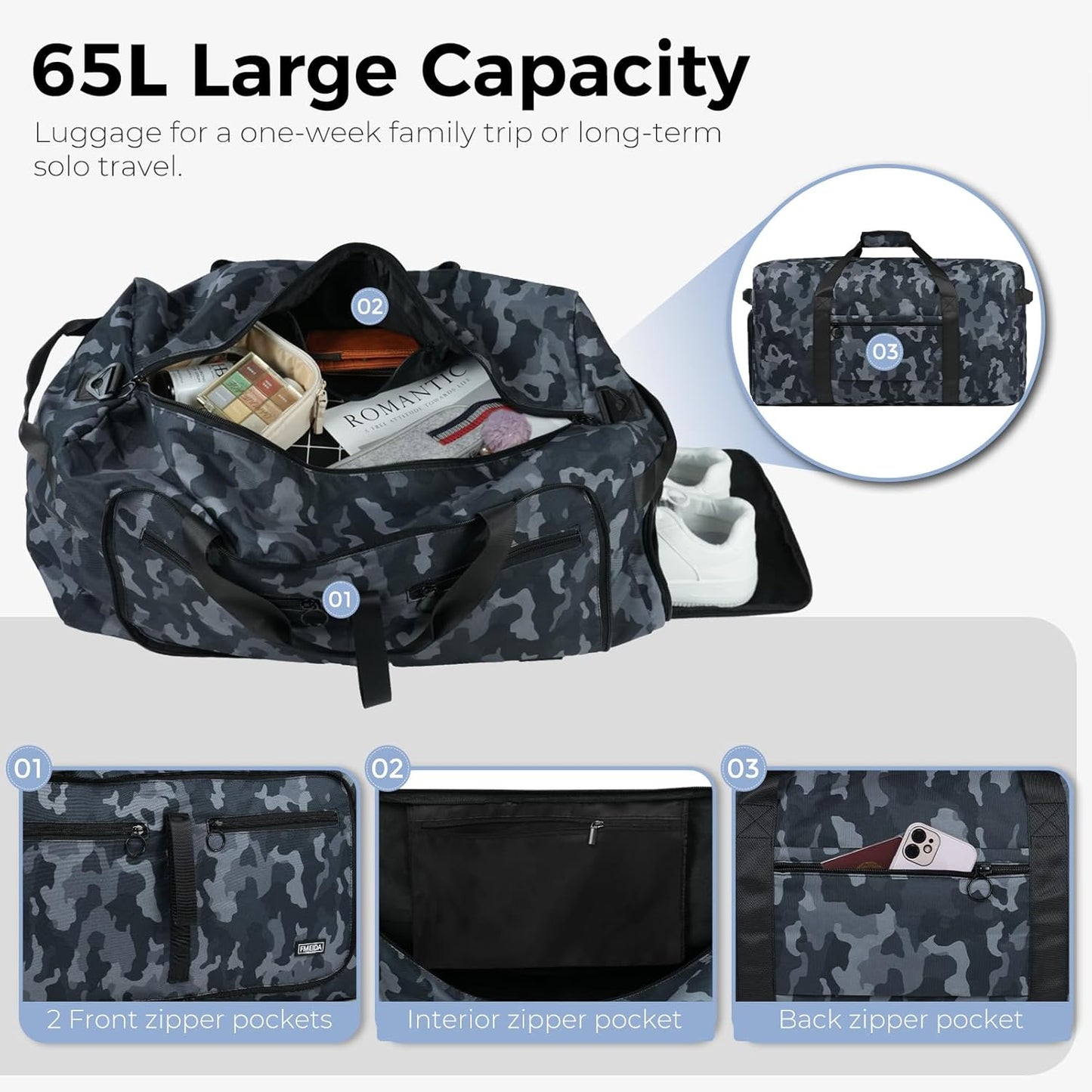 65L Duffle Bag Foldable Travel Duffel Bags for Men Women Travel Bag | Shoes Compartment, 65L Large Capacity, Foldable, Packable, Water Repellent, Tear Resistant, for Traveling Gym Overnight Camp