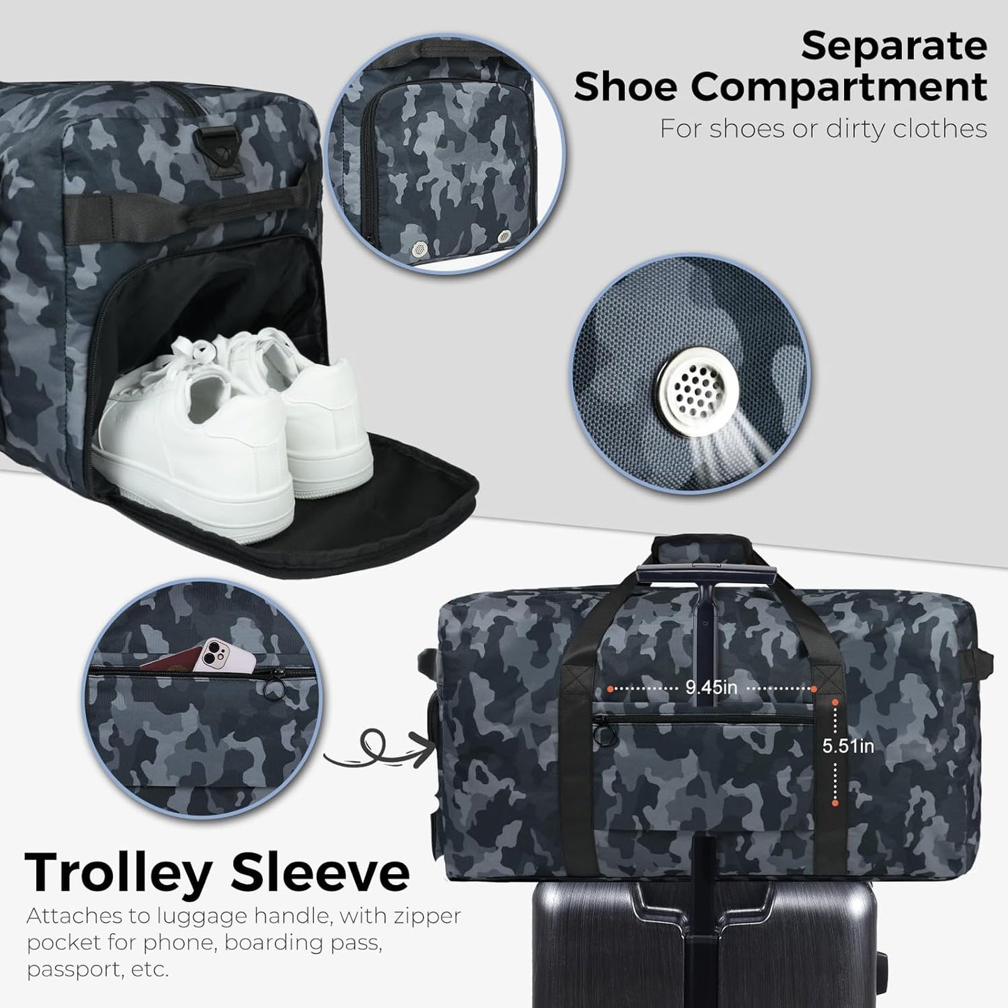 65L Duffle Bag Foldable Travel Duffel Bags for Men Women Travel Bag | Shoes Compartment, 65L Large Capacity, Foldable, Packable, Water Repellent, Tear Resistant, for Traveling Gym Overnight Camp