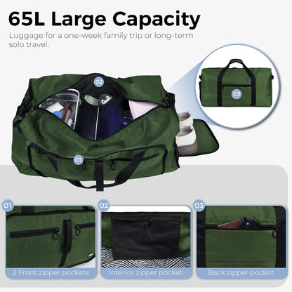 65L Duffle Bag Foldable Travel Duffel Bags for Men Women Travel Bag | Shoes Compartment, 65L Large Capacity, Foldable, Packable, Water Repellent, Tear Resistant, for Traveling Gym Overnight Camp