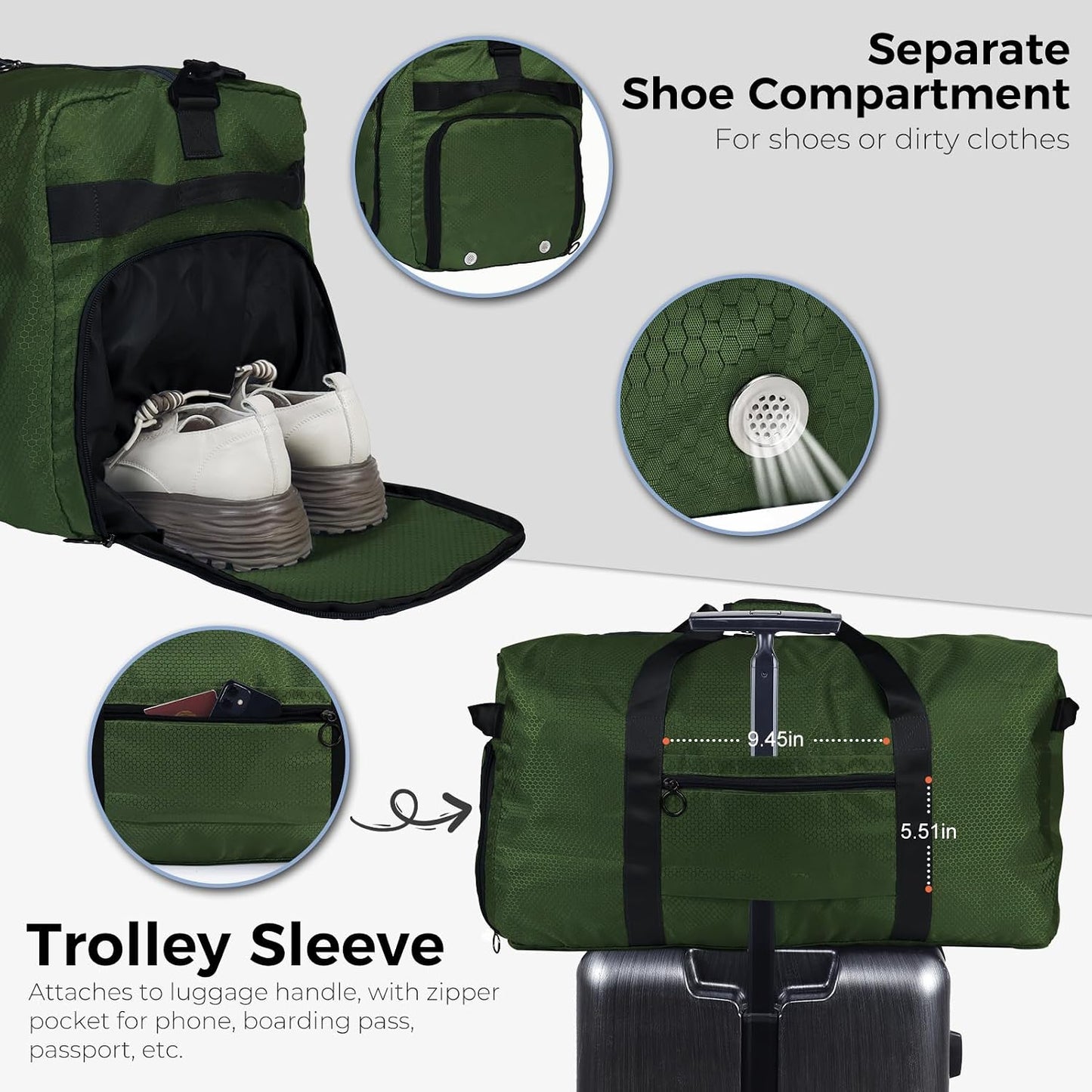 65L Duffle Bag Foldable Travel Duffel Bags for Men Women Travel Bag | Shoes Compartment, 65L Large Capacity, Foldable, Packable, Water Repellent, Tear Resistant, for Traveling Gym Overnight Camp