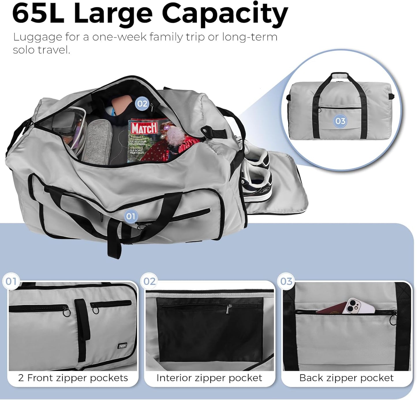 65L Duffle Bag Foldable Travel Duffel Bags for Men Women Travel Bag | Shoes Compartment, 65L Large Capacity, Foldable, Packable, Water Repellent, Tear Resistant, for Traveling Gym Overnight Camp
