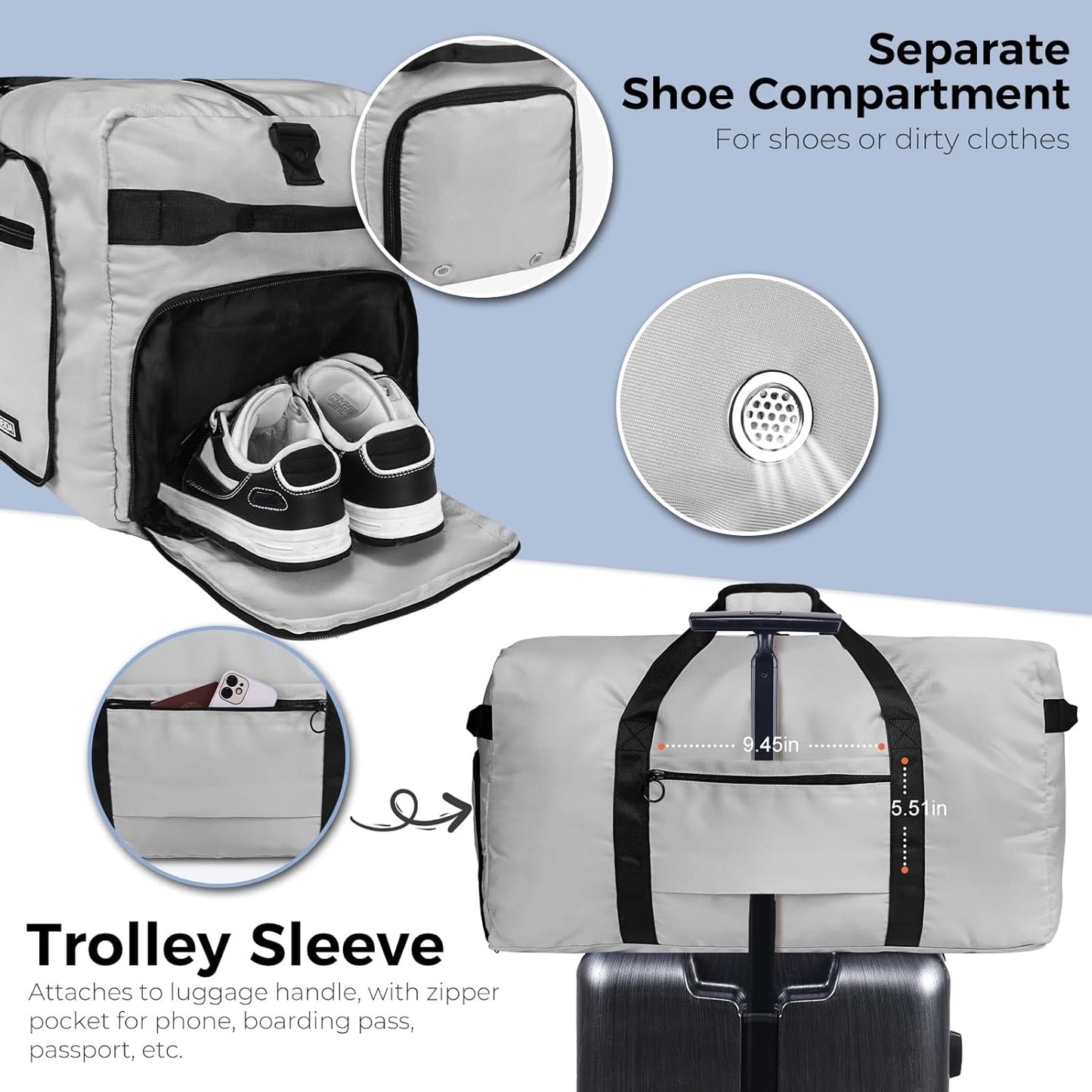 65L Duffle Bag Foldable Travel Duffel Bags for Men Women Travel Bag | Shoes Compartment, 65L Large Capacity, Foldable, Packable, Water Repellent, Tear Resistant, for Traveling Gym Overnight Camp