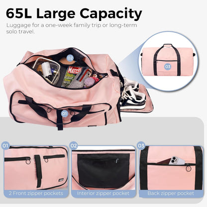 65L Duffle Bag Foldable Travel Duffel Bags for Men Women Travel Bag | Shoes Compartment, 65L Large Capacity, Foldable, Packable, Water Repellent, Tear Resistant, for Traveling Gym Overnight Camp