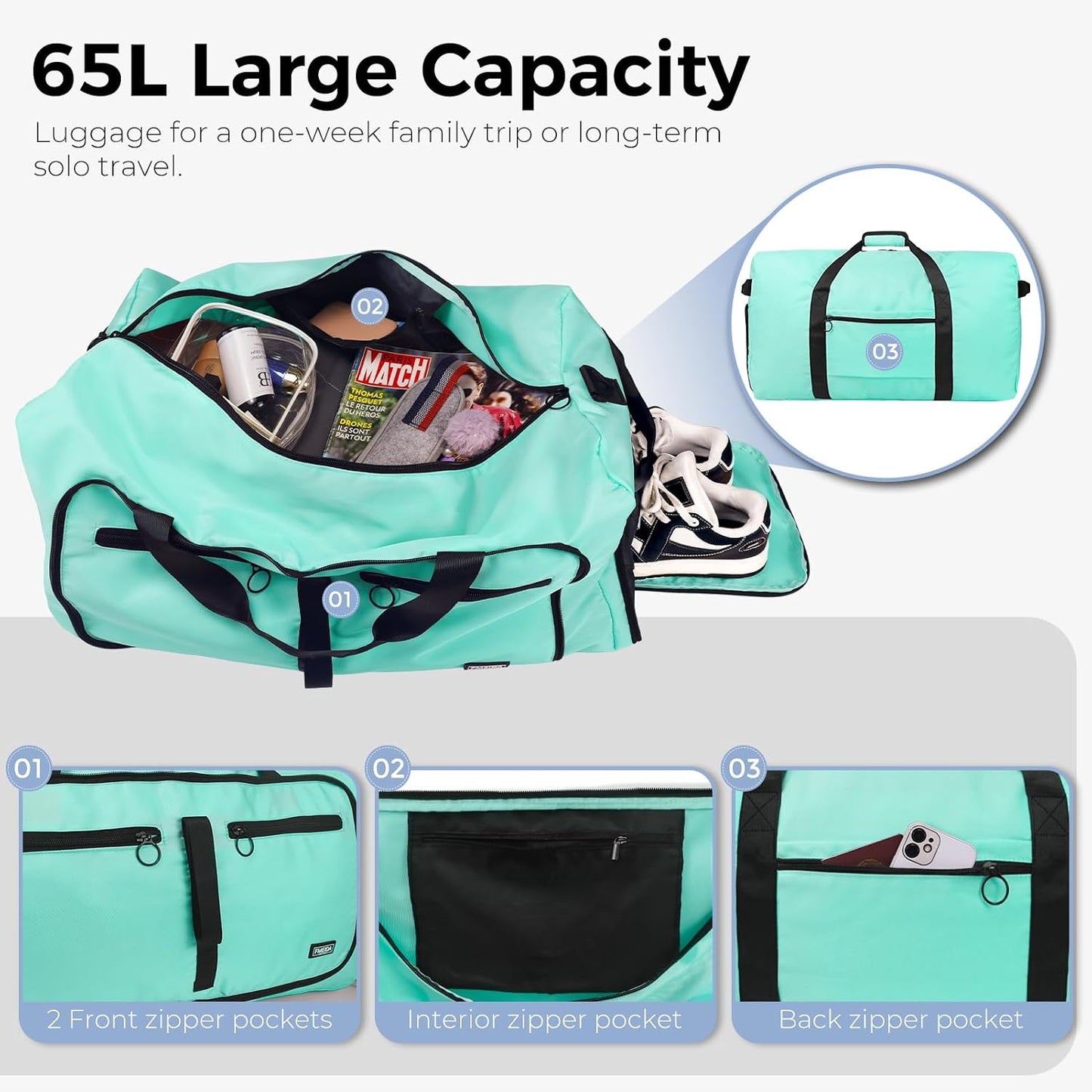 65L Duffle Bag Foldable Travel Duffel Bags for Men Women Travel Bag | Shoes Compartment, 65L Large Capacity, Foldable, Packable, Water Repellent, Tear Resistant, for Traveling Gym Overnight Camp
