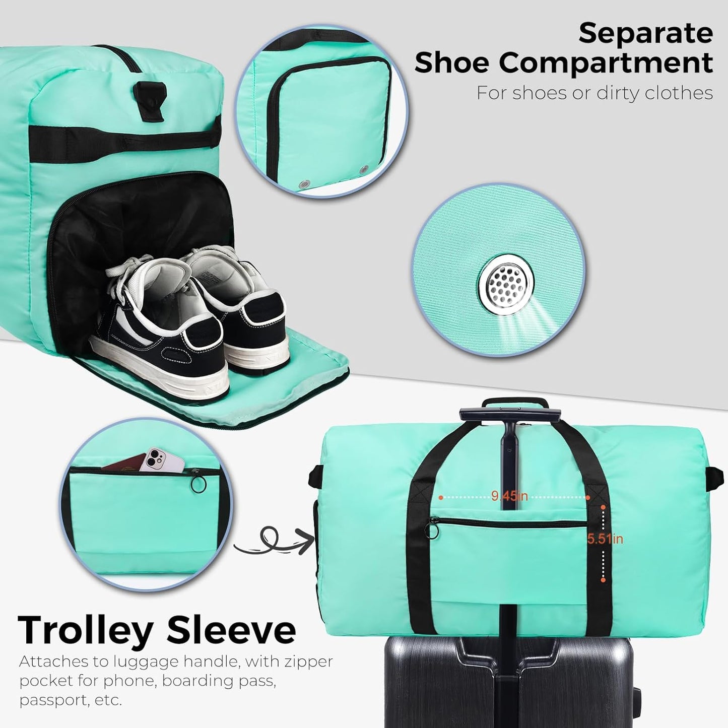 65L Duffle Bag Foldable Travel Duffel Bags for Men Women Travel Bag | Shoes Compartment, 65L Large Capacity, Foldable, Packable, Water Repellent, Tear Resistant, for Traveling Gym Overnight Camp