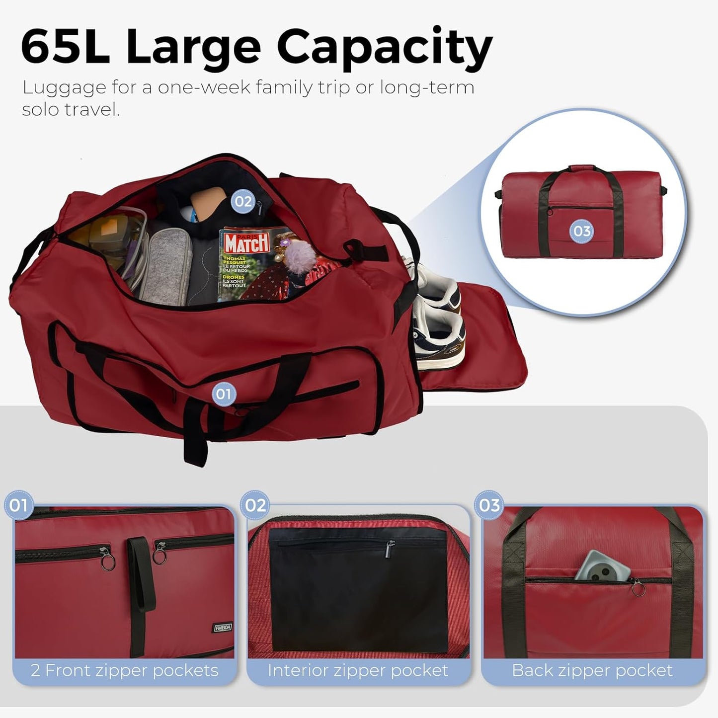 65L Duffle Bag Foldable Travel Duffel Bags for Men Women Travel Bag | Shoes Compartment, 65L Large Capacity, Foldable, Packable, Water Repellent, Tear Resistant, for Traveling Gym Overnight Camp