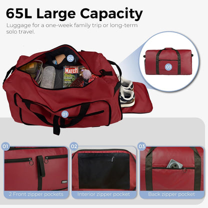 65L Duffle Bag Foldable Travel Duffel Bags for Men Women Travel Bag | Shoes Compartment, 65L Large Capacity, Foldable, Packable, Water Repellent, Tear Resistant, for Traveling Gym Overnight Camp