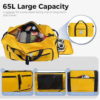 65L Duffle Bag Foldable Travel Duffel Bags for Men Women Travel Bag | Shoes Compartment, 65L Large Capacity, Foldable, Packable, Water Repellent, Tear Resistant, for Traveling Gym Overnight Camp
