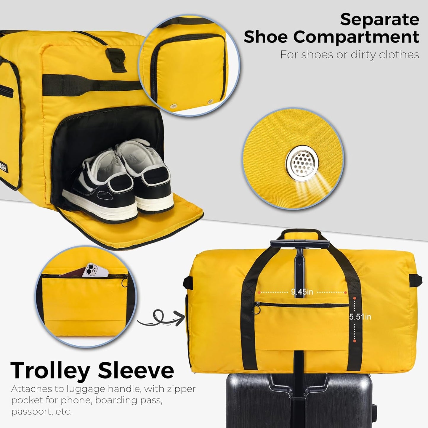 65L Duffle Bag Foldable Travel Duffel Bags for Men Women Travel Bag | Shoes Compartment, 65L Large Capacity, Foldable, Packable, Water Repellent, Tear Resistant, for Traveling Gym Overnight Camp