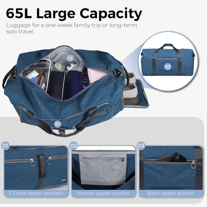 65L Duffle Bag Foldable Travel Duffel Bags for Men Women Travel Bag | Shoes Compartment, 65L Large Capacity, Foldable, Packable, Water Repellent, Tear Resistant, for Traveling Gym Overnight Camp