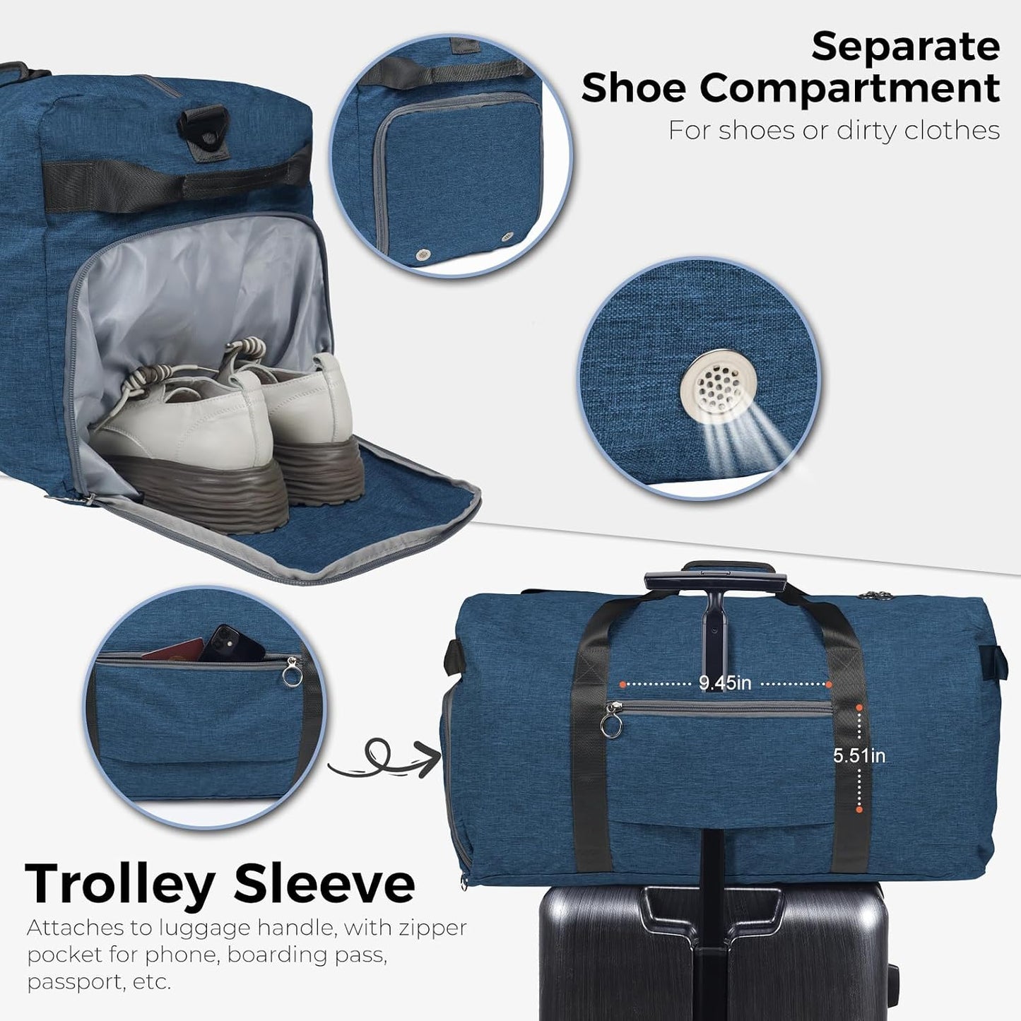 65L Duffle Bag Foldable Travel Duffel Bags for Men Women Travel Bag | Shoes Compartment, 65L Large Capacity, Foldable, Packable, Water Repellent, Tear Resistant, for Traveling Gym Overnight Camp