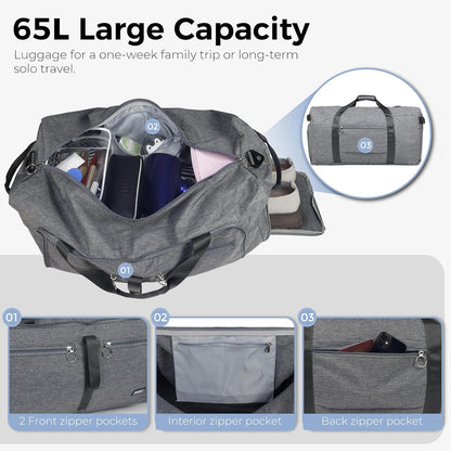 65L Duffle Bag Foldable Travel Duffel Bags for Men Women Travel Bag | Shoes Compartment, 65L Large Capacity, Foldable, Packable, Water Repellent, Tear Resistant, for Traveling Gym Overnight Camp