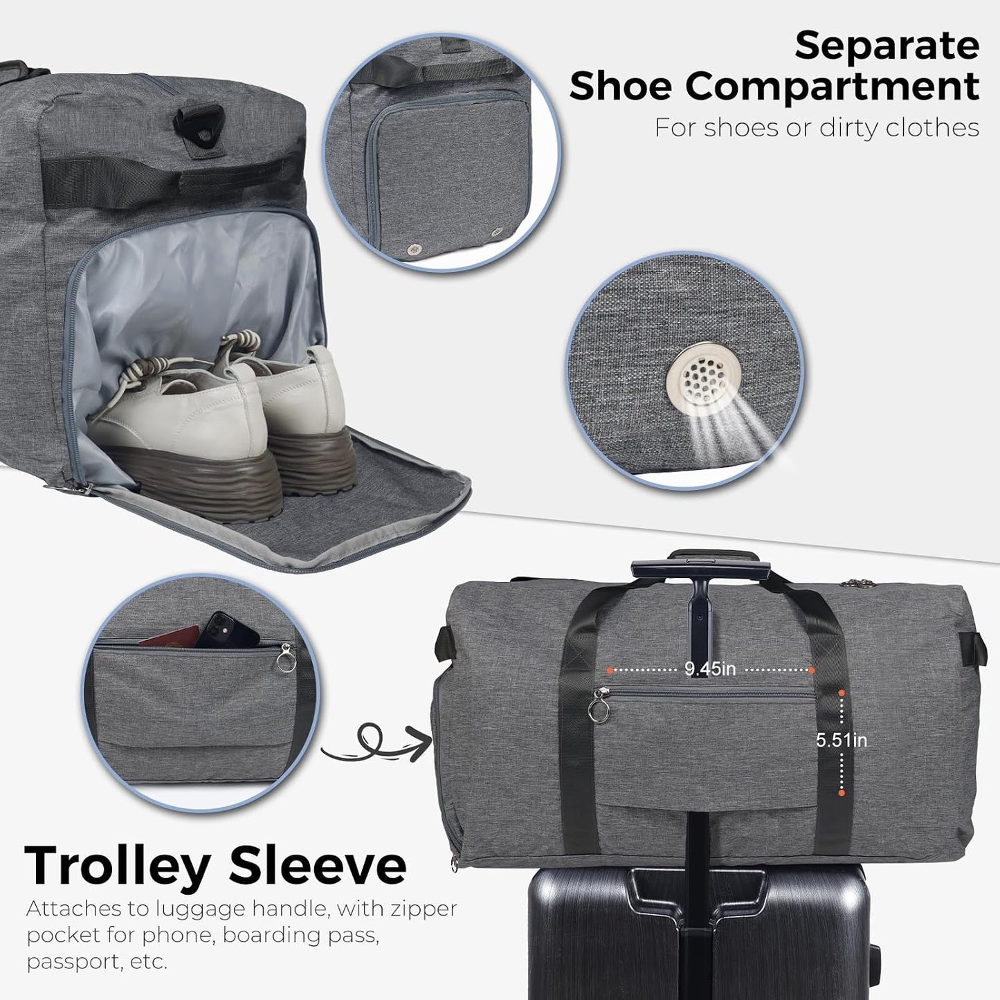 65L Duffle Bag Foldable Travel Duffel Bags for Men Women Travel Bag | Shoes Compartment, 65L Large Capacity, Foldable, Packable, Water Repellent, Tear Resistant, for Traveling Gym Overnight Camp