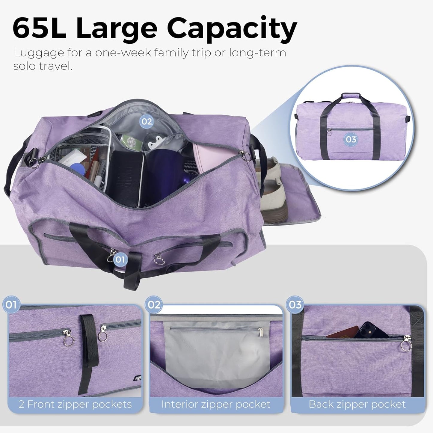 65L Duffle Bag Foldable Travel Duffel Bags for Men Women Travel Bag | Shoes Compartment, 65L Large Capacity, Foldable, Packable, Water Repellent, Tear Resistant, for Traveling Gym Overnight Camp