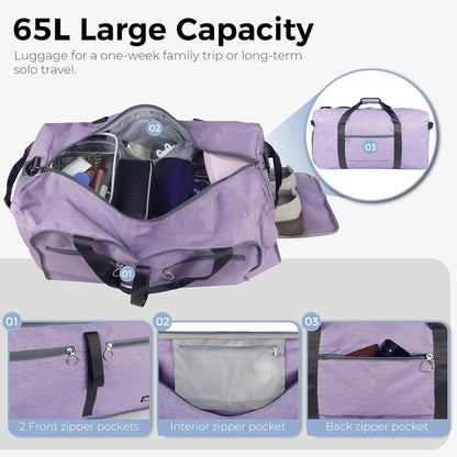 65L Duffle Bag Foldable Travel Duffel Bags for Men Women Travel Bag | Shoes Compartment, 65L Large Capacity, Foldable, Packable, Water Repellent, Tear Resistant, for Traveling Gym Overnight Camp