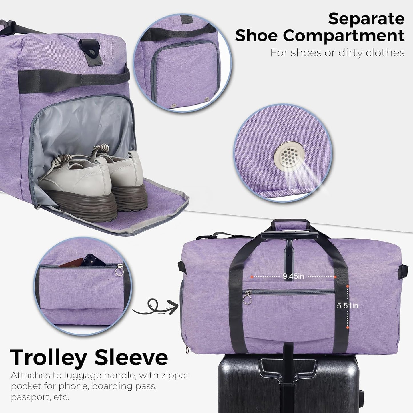 65L Duffle Bag Foldable Travel Duffel Bags for Men Women Travel Bag | Shoes Compartment, 65L Large Capacity, Foldable, Packable, Water Repellent, Tear Resistant, for Traveling Gym Overnight Camp